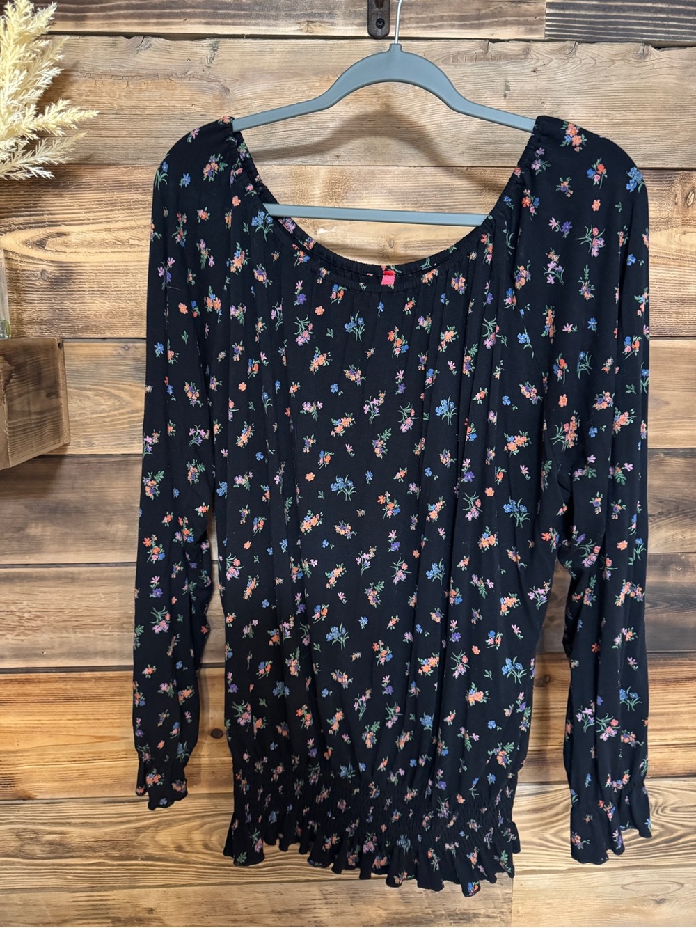 Black Floral Long Sleeve Peasant Blouse